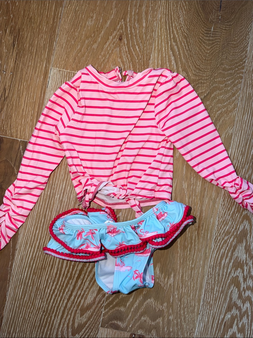 Snapper Rock Pink Stripe Rash Guard with Blue Flamingo Ruffle Bikini Bottom